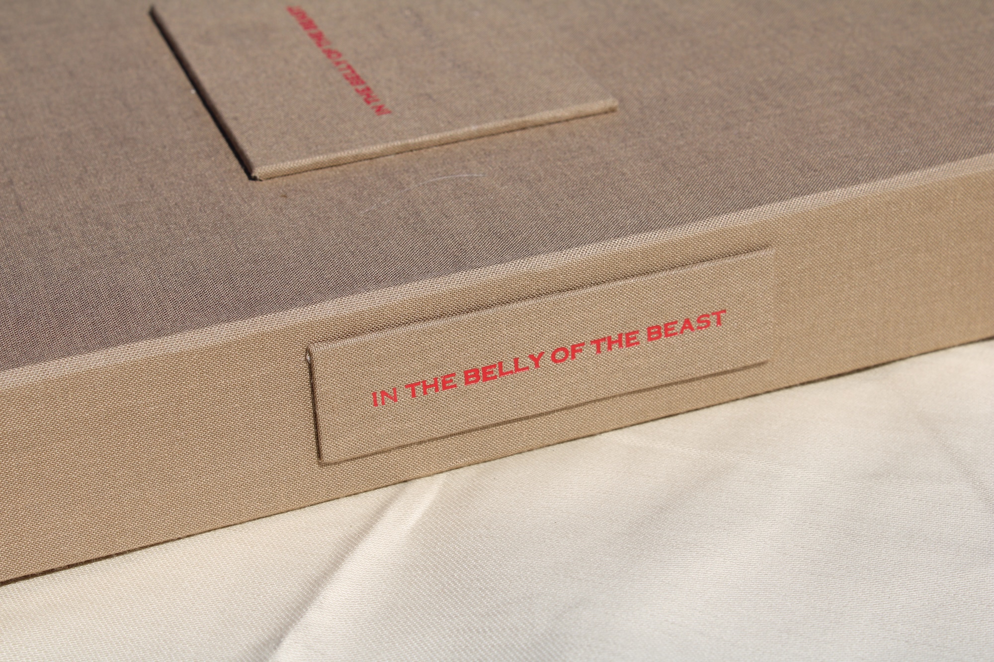 a tan clamshell book box with in the belly of the beast hot stamped on it