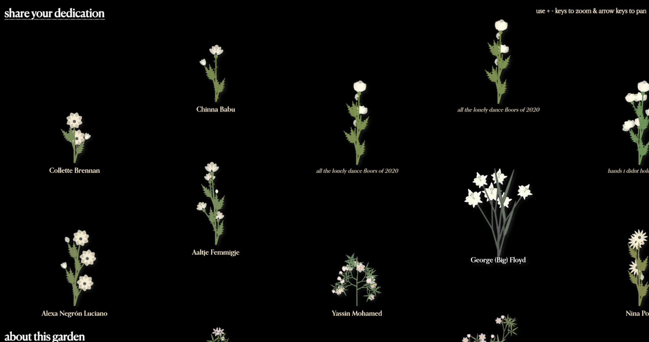 screenshot of cloud9 memorial site. A garden of unique flowers with names underneath each one.