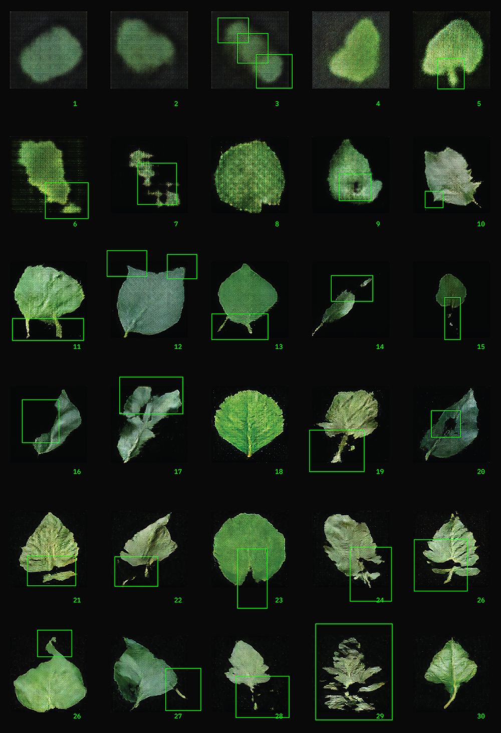green generated leaves on a black background with bright green rectangles in various locations.