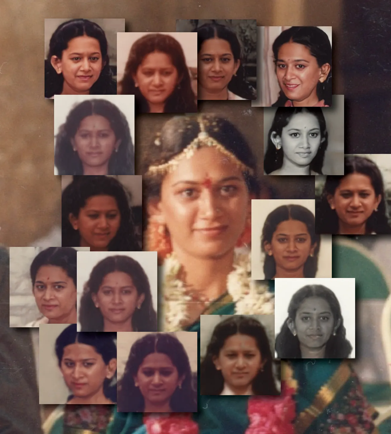 a photograph of my mother on her wedding day, surrounded by a collage of smaller generated faces that somewhat resemble her face.