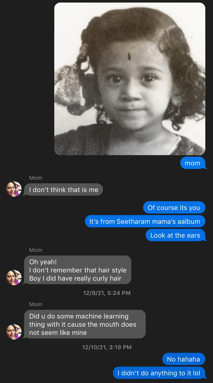 A screenshot of a text conversation with my mom where she doesn’t recognize a baby photograph of herself and asks if I generated or manipulated the image.