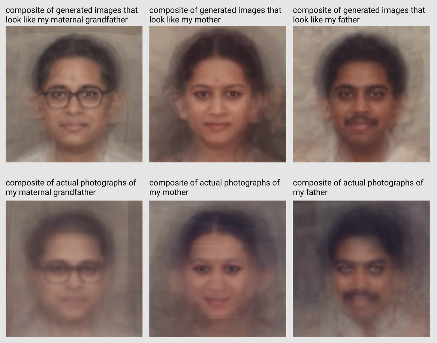 a comparison of composites made up of generated images that look like my grandfather, mother, and father vs. composites made up of actual photographs of my grandfather, mother and father.